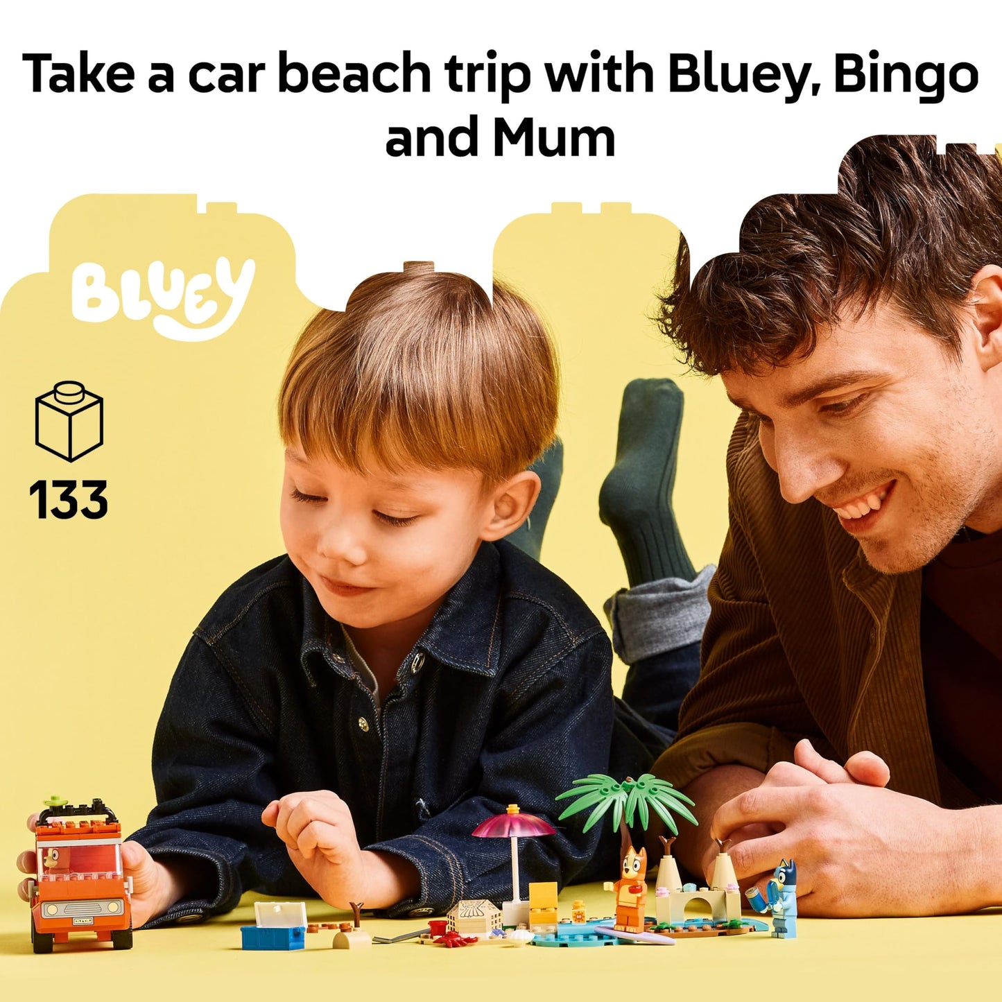 LEGO Bluey: Bluey's Beach & Family Car Trip Toy with 3 Minifigures incl. Bingo & Chilli, plus 2 Surfboards, a Sand Castle & Fun Accessories - Birthday Gift for 4+ Year Old Girls & Boys - 11202
