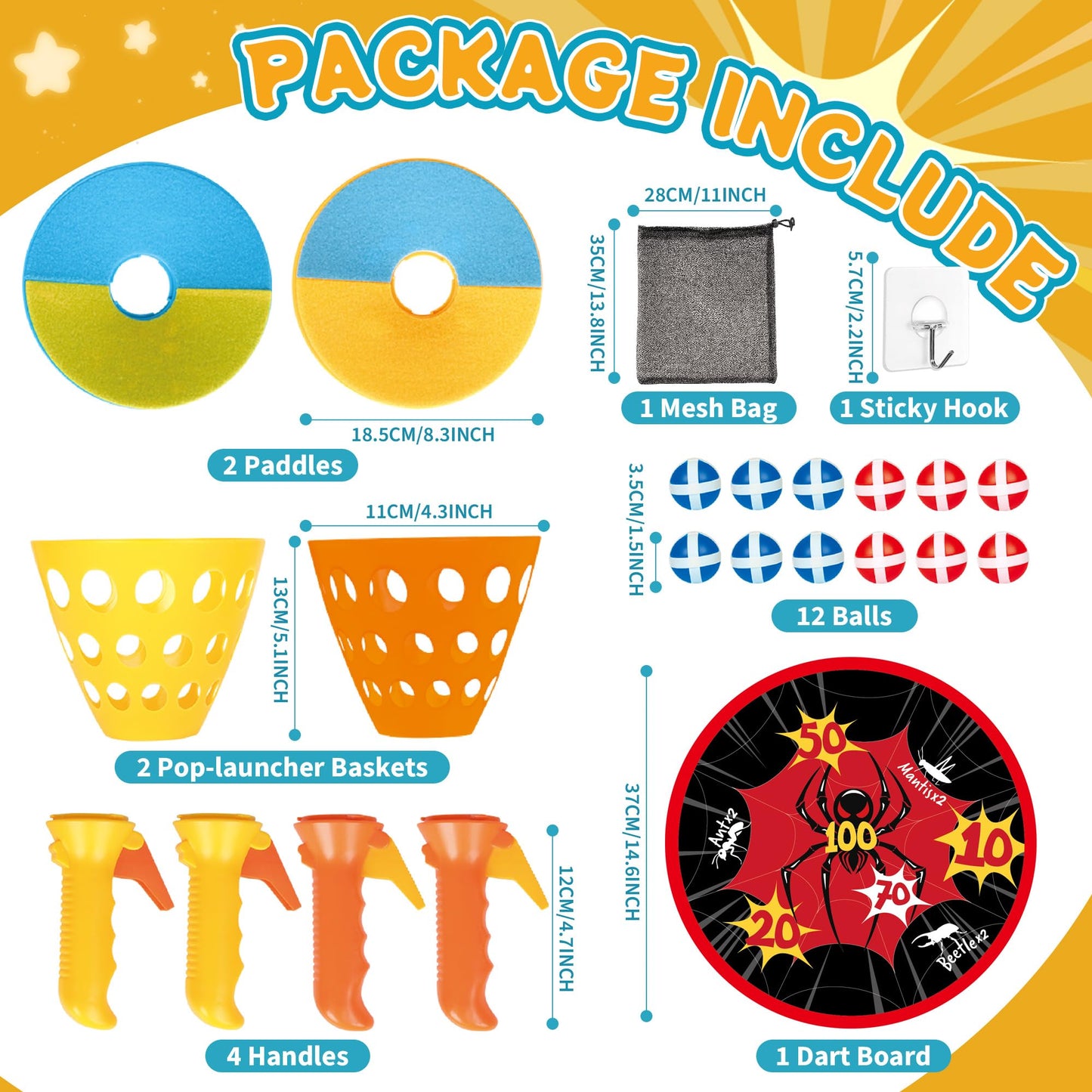 JOY SPOT! Spider Web Target Pop Pass Catch Ball Game - Outdoor Toys for Kids with 4 Launchers, 12 Sticky Balls & Mesh Bag, Fun Indoor Outdoor Toss & Catch Toy Gifts for Boys Girls Ages 3 4 5 6 7 8+