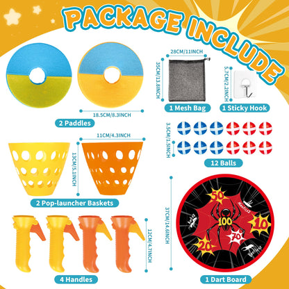 JOY SPOT! Spider Web Target Pop Pass Catch Ball Game - Outdoor Toys for Kids with 4 Launchers, 12 Sticky Balls & Mesh Bag, Fun Indoor Outdoor Toss & Catch Toy Gifts for Boys Girls Ages 3 4 5 6 7 8+