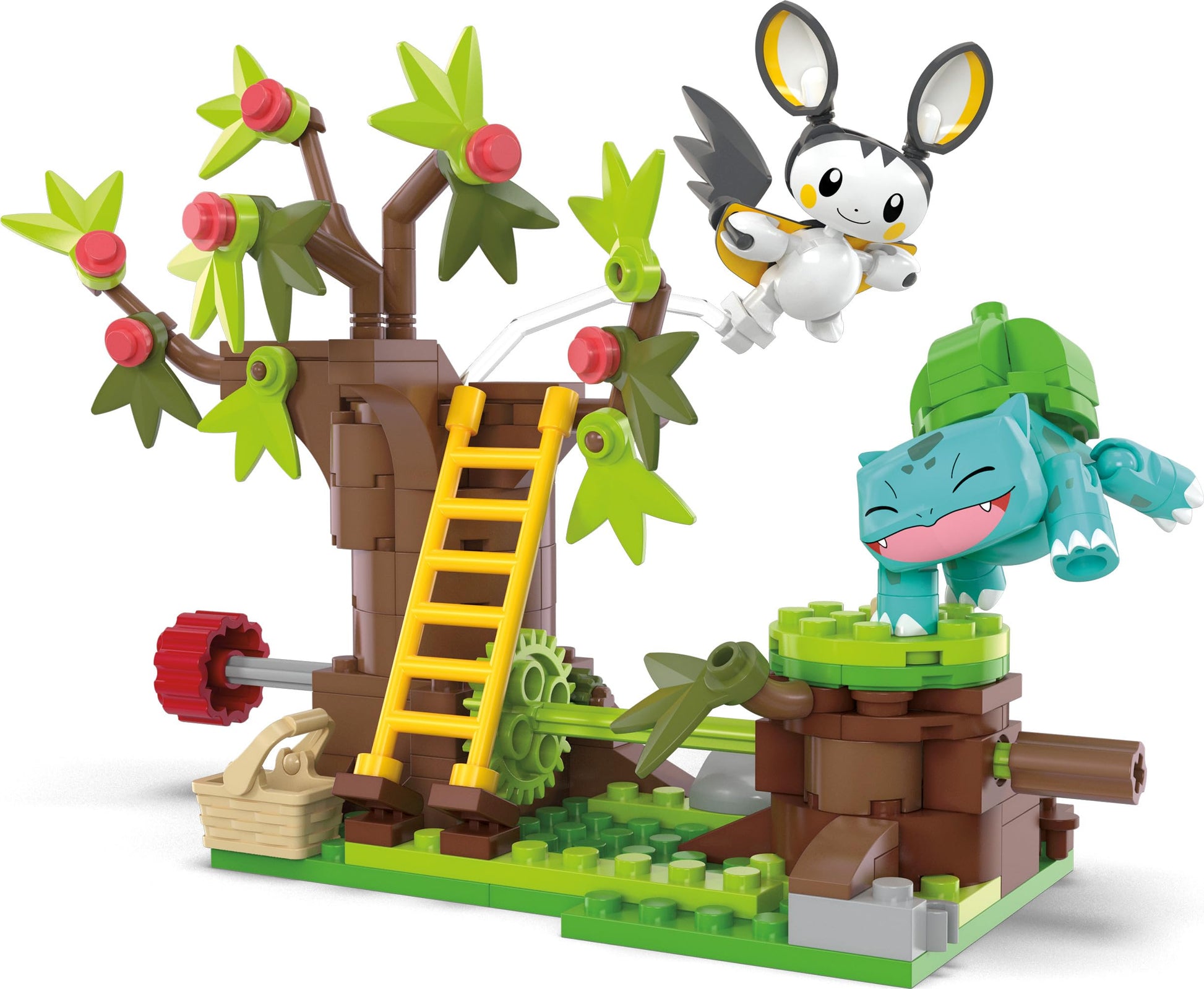 MEGA Pokémon Building Toys Set featuring Emolga and Bulbasaur in a charming woods scene with 194 pieces and 2 poseable characters.