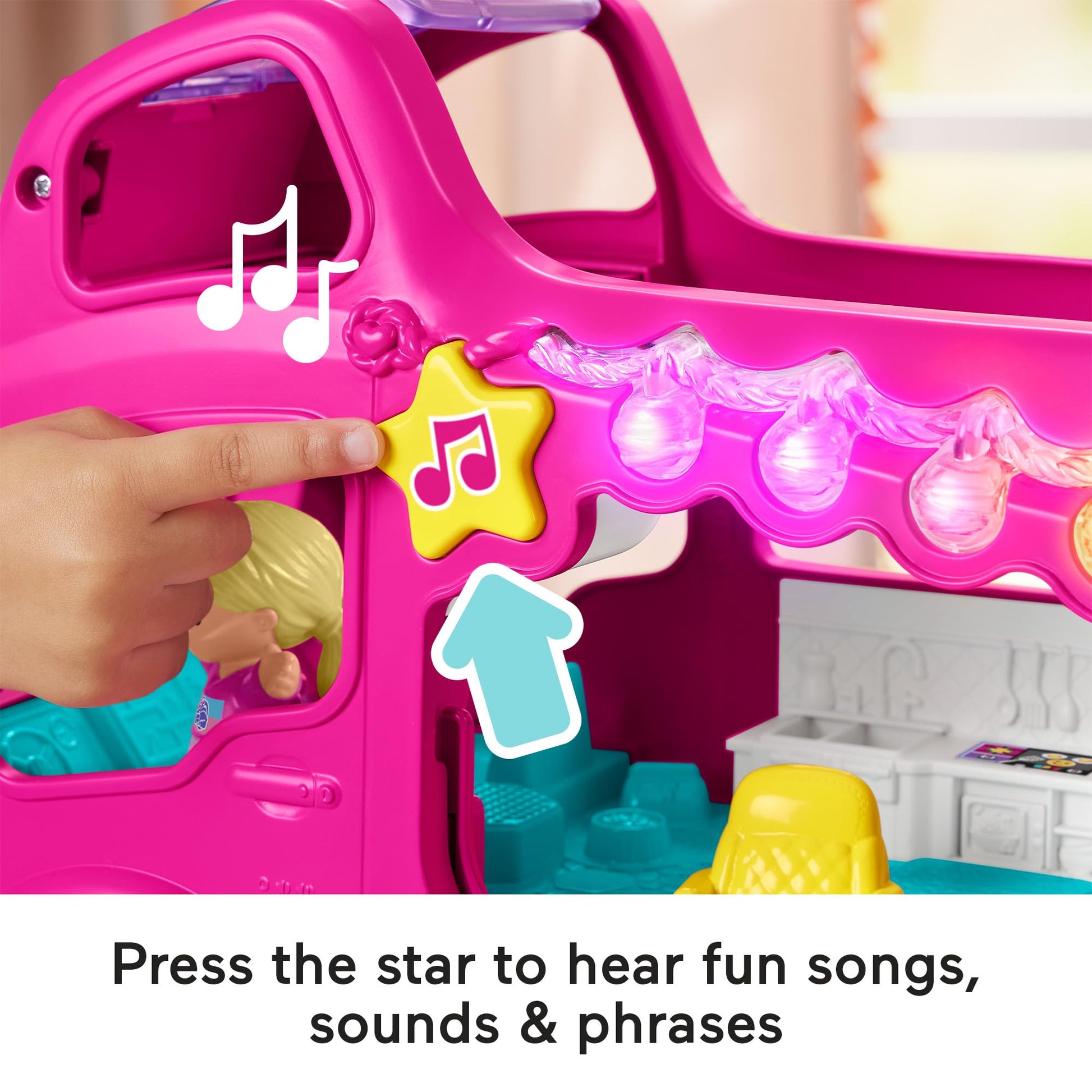 Fisher-Price Little People Barbie Little Dreamcamper RV playset with two figures, music, lights, and toddler-friendly design.