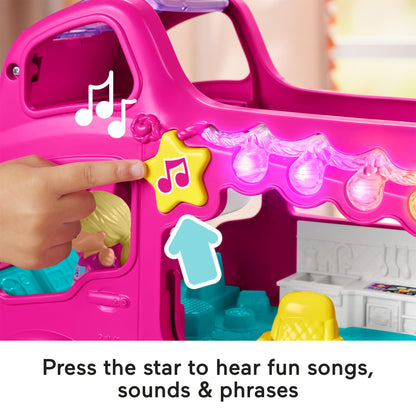 Fisher-Price Little People Barbie Little Dreamcamper RV playset with two figures, music, lights, and toddler-friendly design.