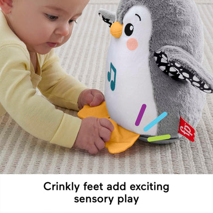 Fisher-Price plush penguin tummy time toy with flap, wobble feature, and music for sensory play, suitable for newborns 0+ months
