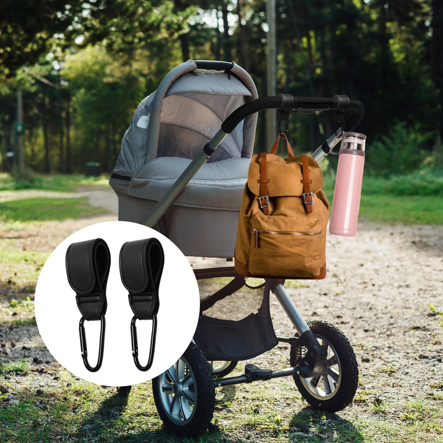 Set of four TENTHPEO PU leather buggy clips with adjustable straps, anti-slip design, suitable for strollers, diaper bags, and backpacks.