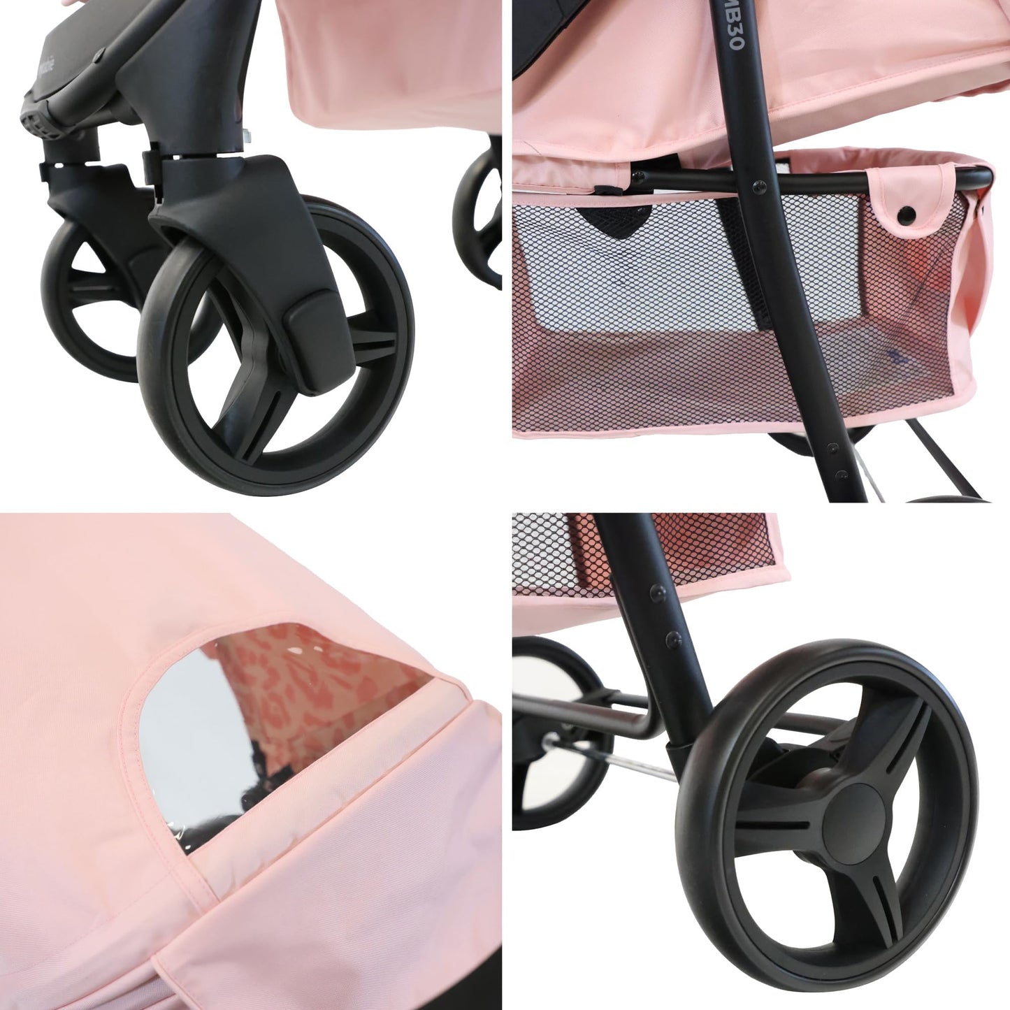 My Babiie MB30 Pushchair – from Birth to 4 Years (22kg), Easy Compact Fold, Large Shopping Basket, Adjustable Handle, Stroller Includes Cup Holder, Rain Cover – Pink Leopard