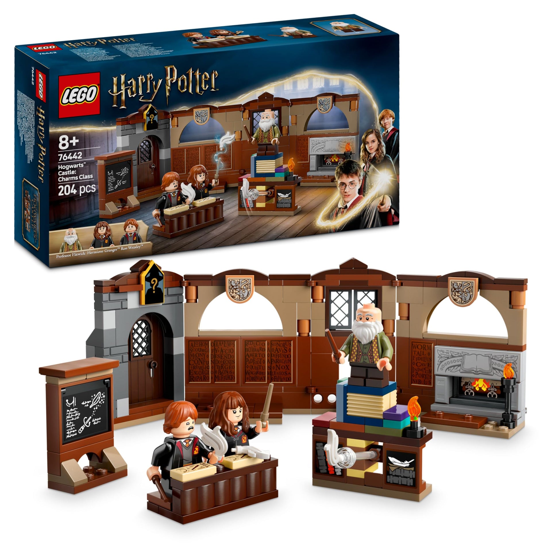 LEGO Harry Potter Hogwarts Castle Charms Class Set with Hermione, Ron minifigures, and Wingardium Leviosa feature.