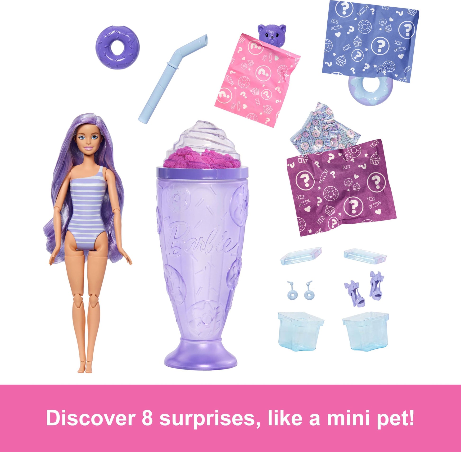 Barbie Pop Reveal Treat Series Fashion Doll with donut theme, pet, and 8 surprises including color change accessories.