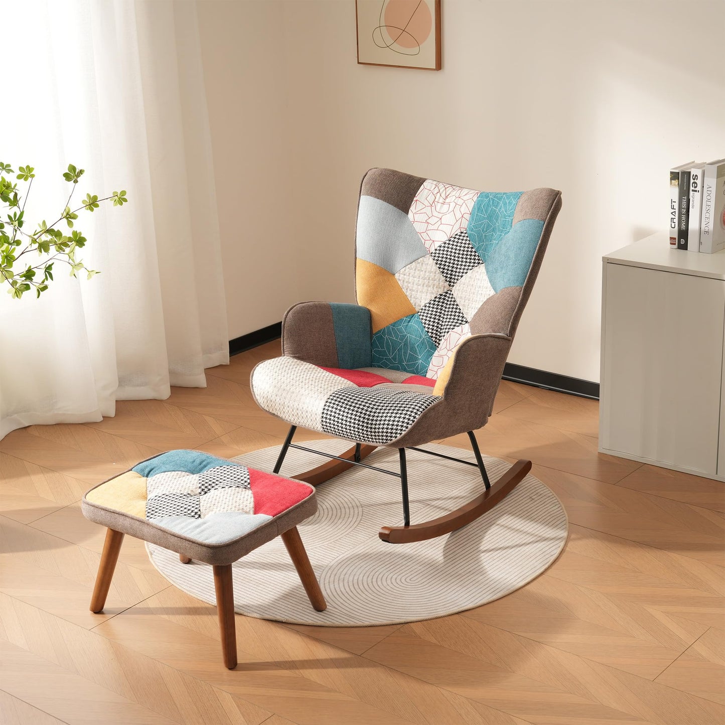 BTM Rocking Chair for Nursery, Rocking Chair with with Footstool, Iron and Walnut Feet, Single Recliner Lounge for Living Room Bedroom Office, Colorful