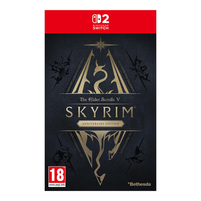 Nintendo Switch game case for The Elder Scrolls V: Skyrim Anniversary Edition by Xbox, featuring artwork of the dragon emblem.