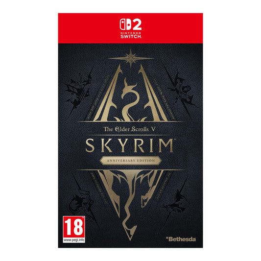 Nintendo Switch game case for The Elder Scrolls V: Skyrim Anniversary Edition by Xbox, featuring artwork of the dragon emblem.