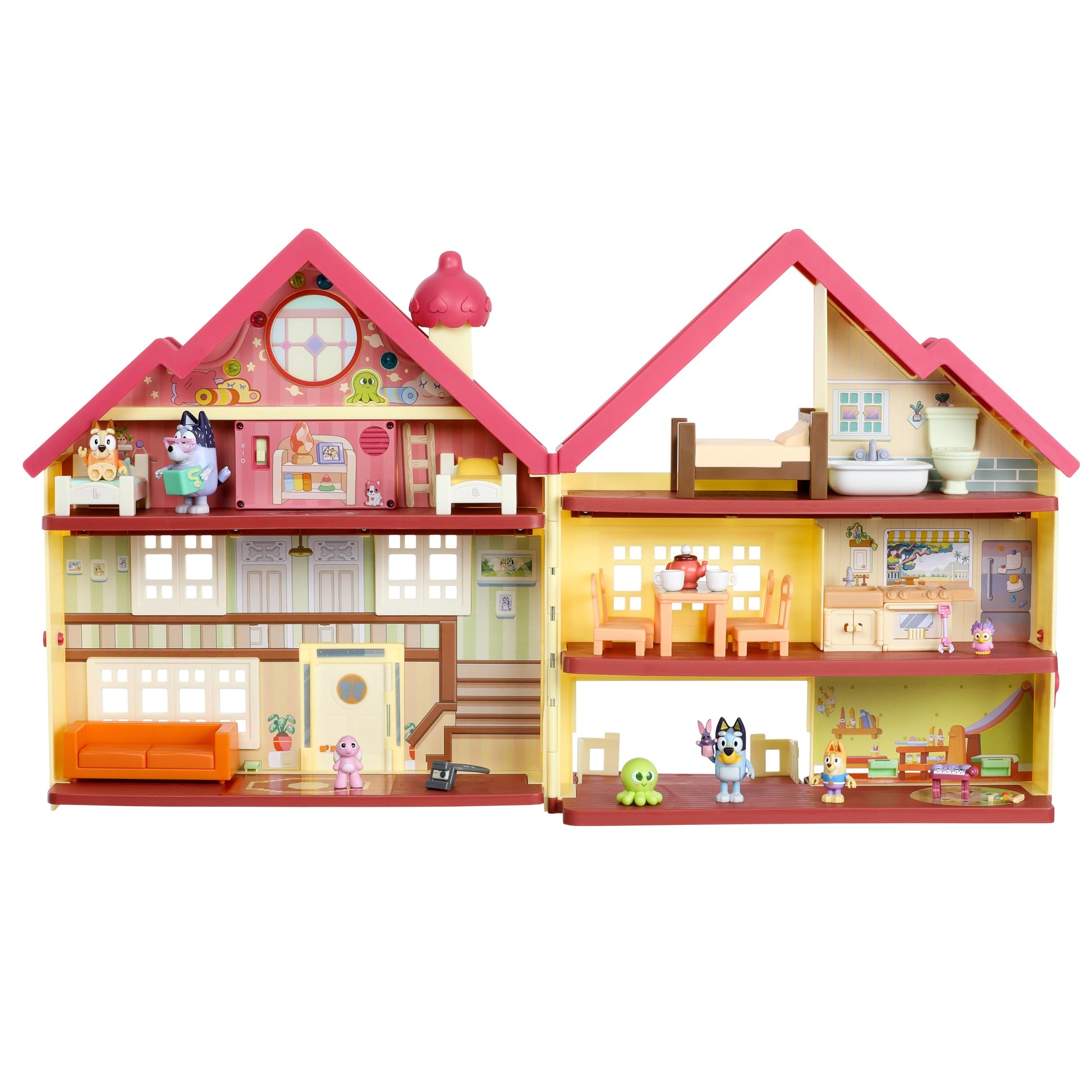 Bluey exclusive ultimate lights and sounds playhouse with 29 accessories, 4 characters, moving dance floor, lights, and 50 sounds.