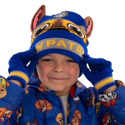 Paw Patrol Hat And Gloves Set For Kids, Chase Boys Hat And Gloves Set With 3D Ears, Blue, One Size