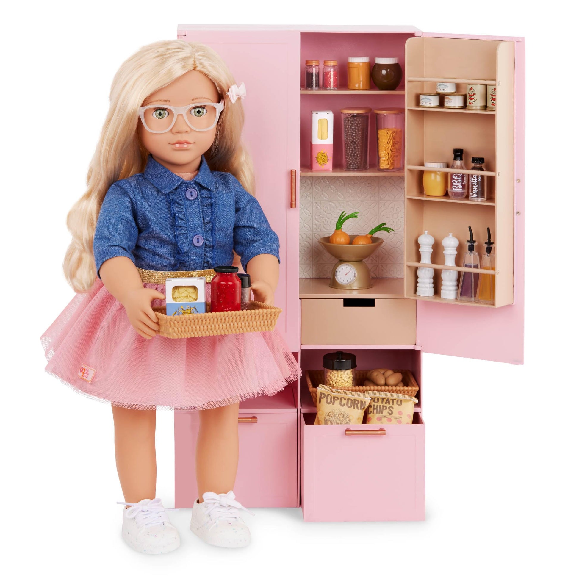 Our Generation Pretty Pantry furniture set with pink cupboard and food accessories for 18-inch dolls, ideal for pretend play.