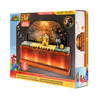 Super Mario Deluxe Bowser Battle Playset with lights and sounds, includes 2.5-inch Bowser action figure for Super Mario fans.