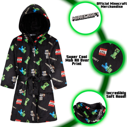 Minecraft Dressing Gown for Boys Fleece Hooded Bathrobe with Pockets Creeper Loungewear Nightwear Teens Gamer Gifts for Boys (13-14 Years, Black)