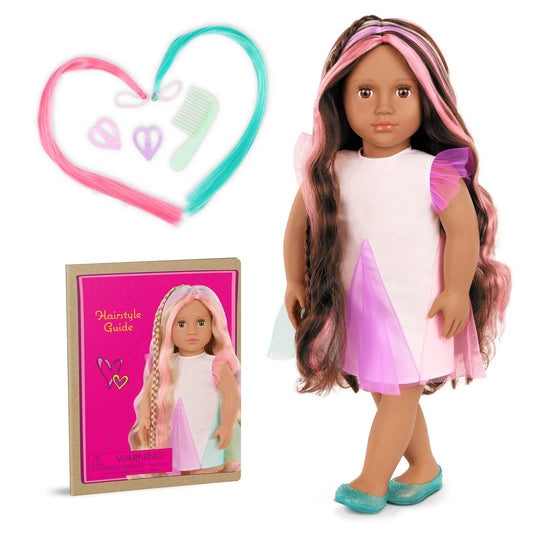 18-inch Our Generation doll Tania with lifelike brown eyes and ultra-long rainbow hair styled with accessories.