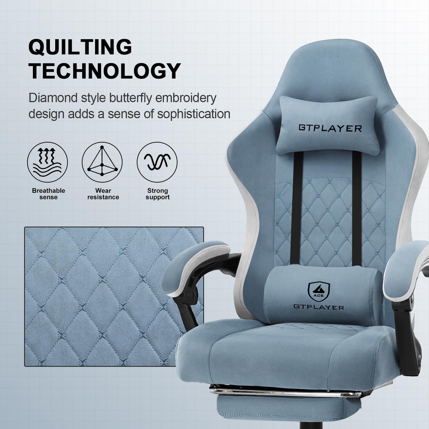 GTPLAYER Fabric Gaming Chair with Footrest, Ergonomic Computer Desk Chair with Pocket Spring Cushion Home Office High Back Support Lumbar Support Heavy Duty Wide