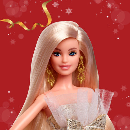 Barbie Signature Holiday Barbie doll in silver and gold gown, seasonal collector with display packaging and stand