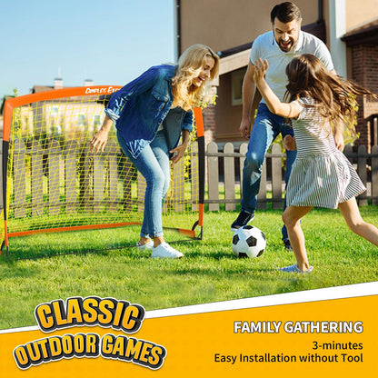 Dimples Excel pop-up football goal in black and orange, 5x3.6 feet, portable, foldable garden soccer net for fans and outdoor play