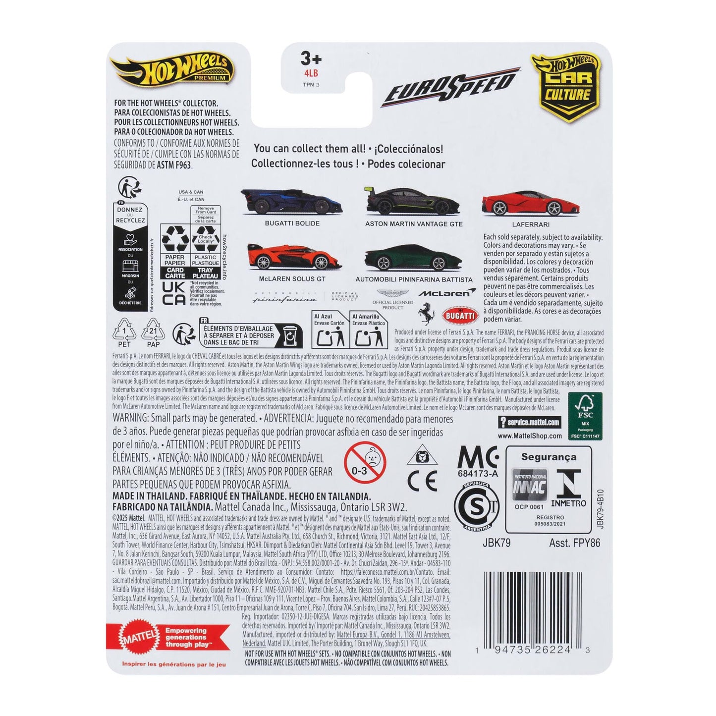 Hot Wheels Premium Car Culture Collectible Toy Car, 1:64 Scale Die-Cast Bugatti Bolide, Eurospeed Vehicle with Real Riders Tires, JBK79