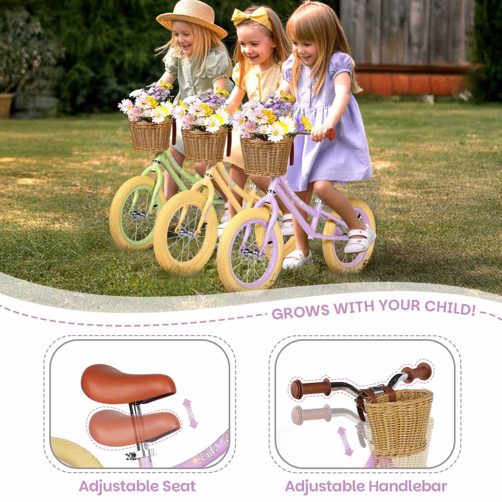 Light purple 14-inch Hello-5ive balance bike for kids with adjustable height, carbon steel frame, removable basket, and rubber tires.