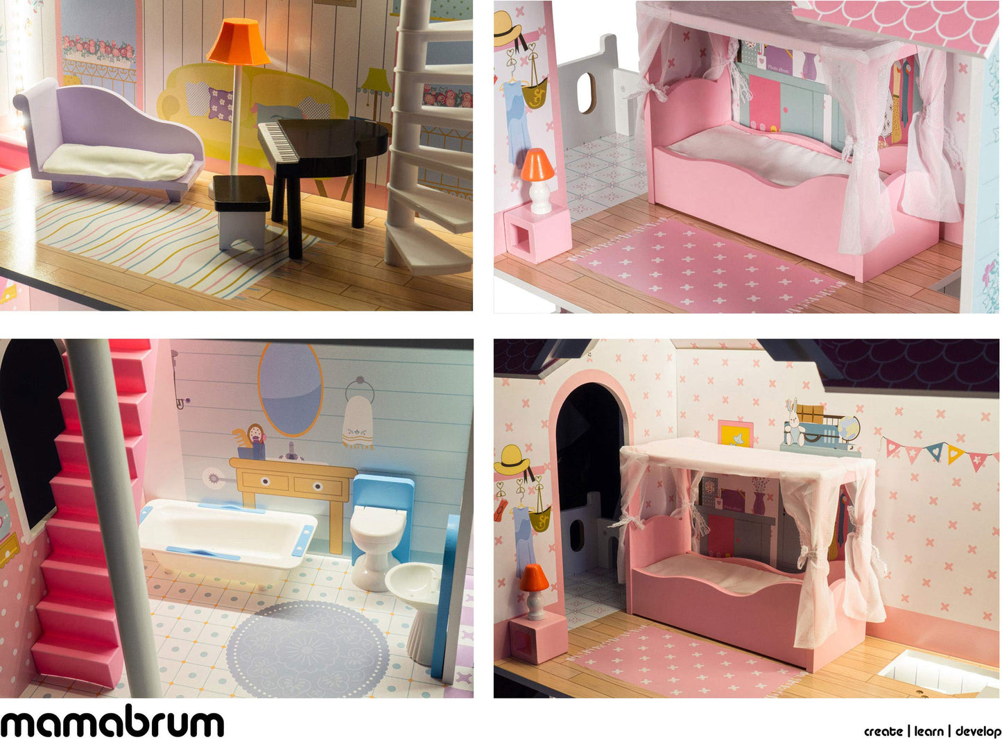 Mamabrum Wooden Dolls House XXL with Terrace Garden, LED Lights, Furniture & Accessories Included, 3-Storey Houses & Wooden Sweet Playhouse with Painted Roof & Walls for Little Girls, Rose/Light Blue