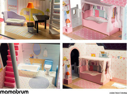 Mamabrum Wooden Dolls House XXL with Terrace Garden, LED Lights, Furniture & Accessories Included, 3-Storey Houses & Wooden Sweet Playhouse with Painted Roof & Walls for Little Girls, Rose/Light Blue
