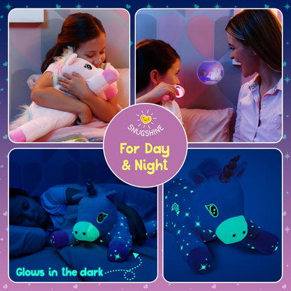 SNUGSHINE Glow in The Dark Unicorn Plush Set with Unicorn Book & Torch Projector starring Glimmer the Glowing Unicorn