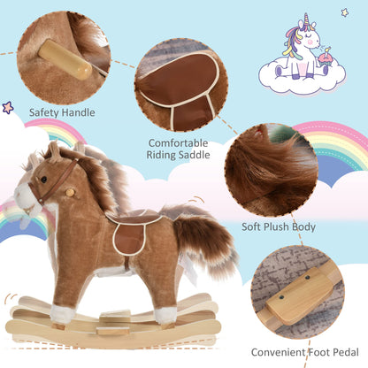 HOMCOM Kids Plush Rocking Horse w/Sound Moving Mouth Wagging Tail Children Rocker Ride On Toy Gift 3-6 Years Brown