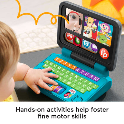 Fisher-Price Laugh & Learn Let's Connect Laptop electronic toy with colorful buttons and learning content for infants and toddlers.