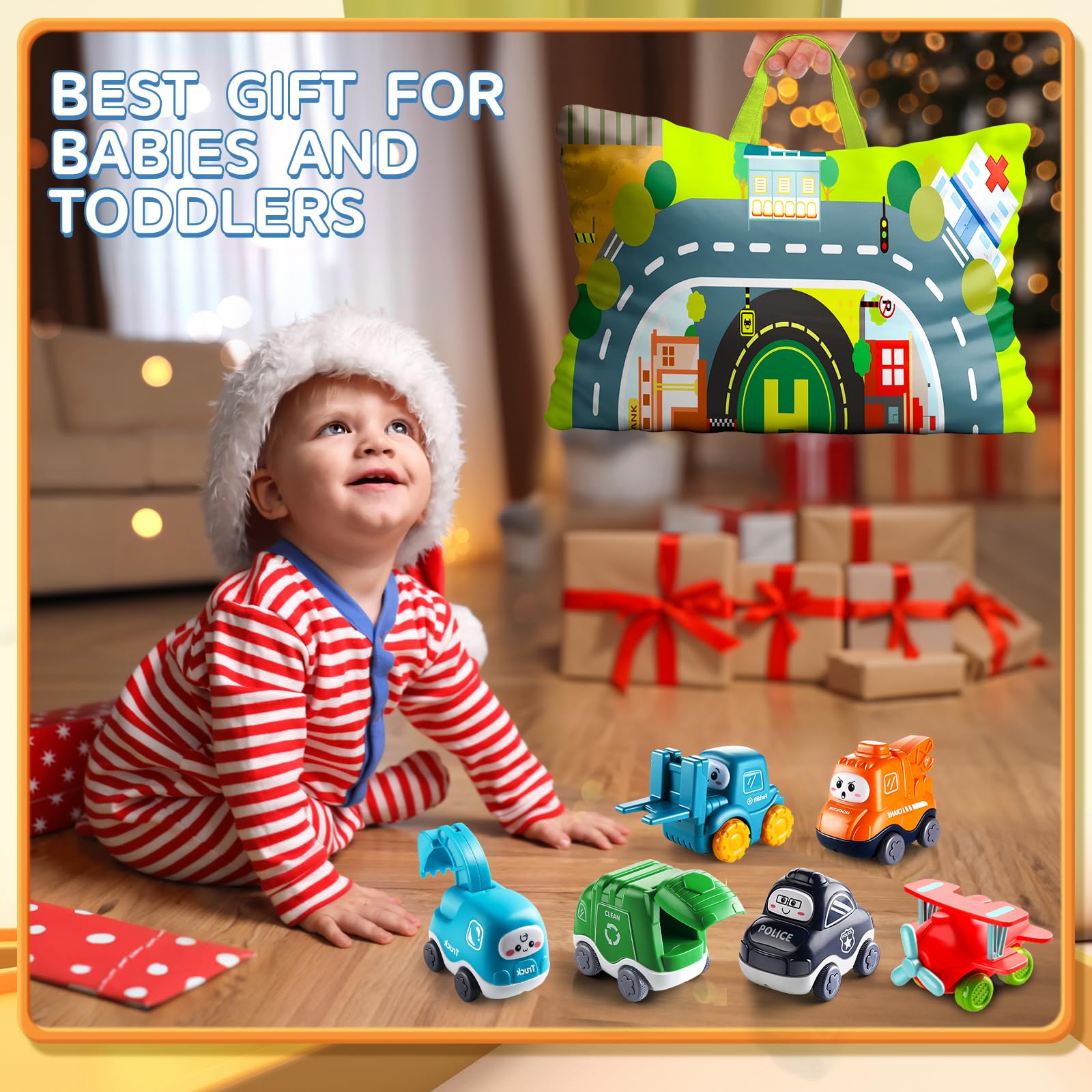 6-piece cartoon truck and car toy set with cranes and tractor, includes playmat and storage bag, for toddlers aged 1-3.