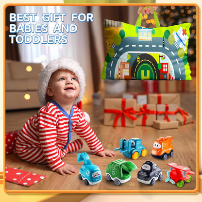 6-piece cartoon truck and car toy set with cranes and tractor, includes playmat and storage bag, for toddlers aged 1-3.