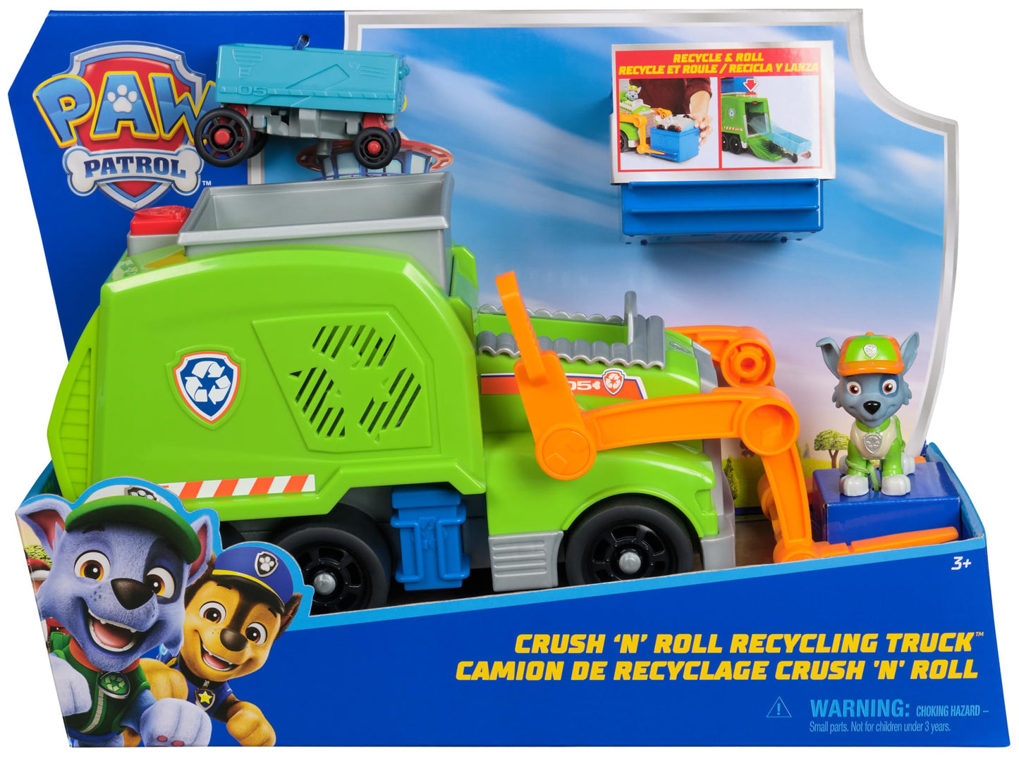 Paw Patrol: Crush ’N’ Roll Recycling Lorry with Rocky Action Figure & Transforming Compacted Recycling Vehicle, Kids’ Toys for Boys & Girls Aged 3 and up