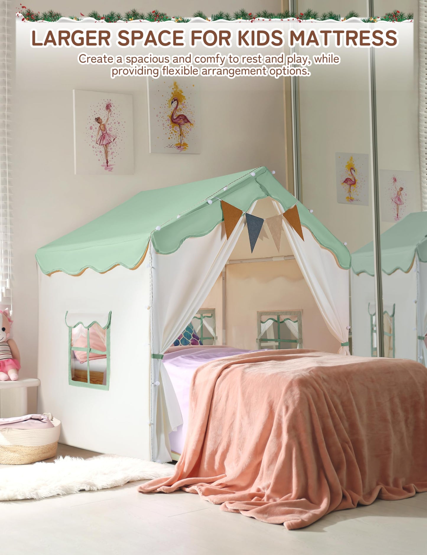 Green besrey 2-in-1 kids play house tent with lights, pad, two doors, designed for indoor toddlers and children, princess-themed.
