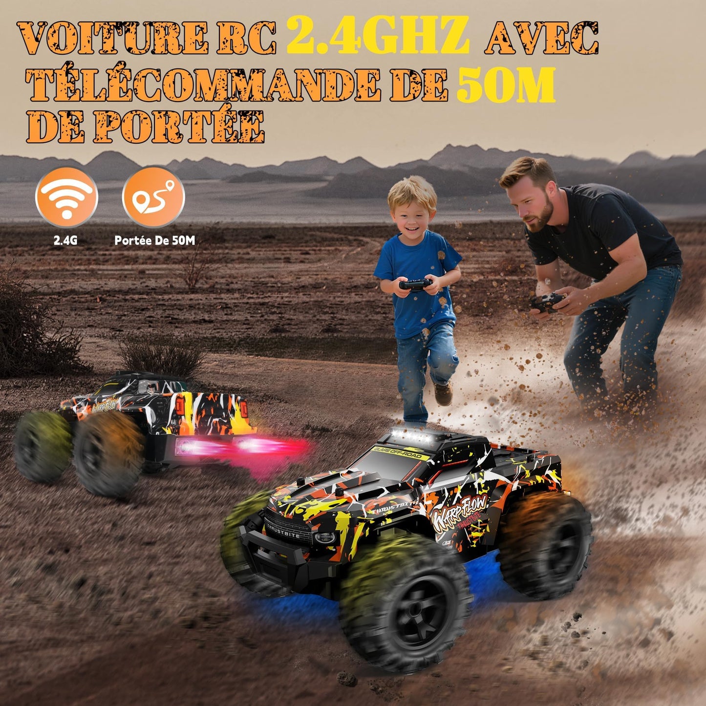 JOYTREKY Remote Control Cars - 1:18 Rc Car HighSpeed 25KMH+ LED Light with Spray 2.4GHz All Terrain Off Road Truck Toys 2 Rechargeable Batteries 60 Min Playtime Fast Racing Toy for Kids Adult - Yellow