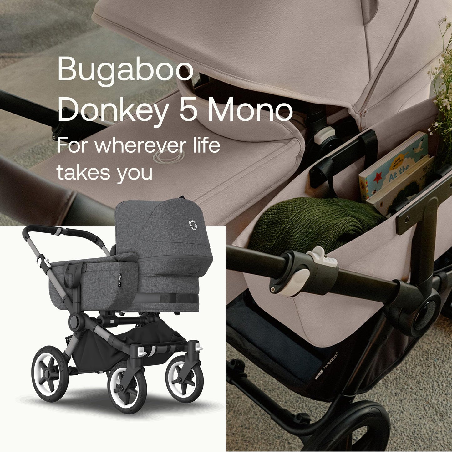 Bugaboo Donkey 5 Mono, Convertible Into Side by Side Double Stroller, Improved Design, Reversible Seat, One Hand Steering and Side Basket, Graphite/Grey Melange