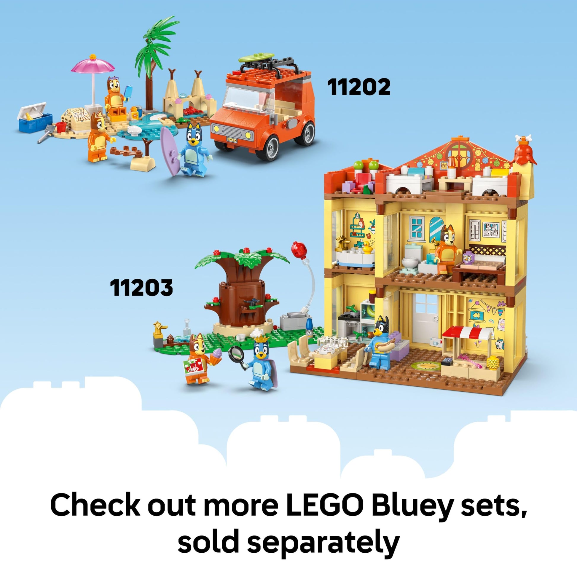 LEGO Bluey Playground Fun set featuring Bluey and Chloe, with a see-saw, slide, climbing frame, and plants for imaginative play.
