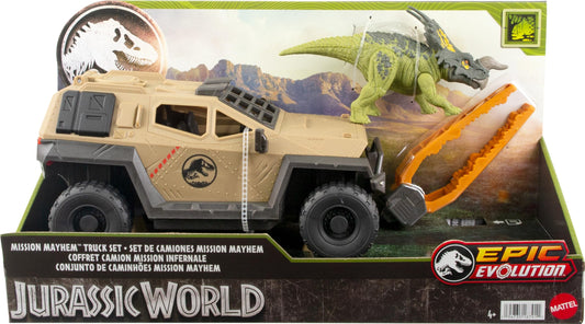 Mattel Jurassic World Truck & Einiosaurus Dinosaur Action Figure Toy with Flip Roll Feature, Mission Mayhem Destruction Vehicle, HRX52