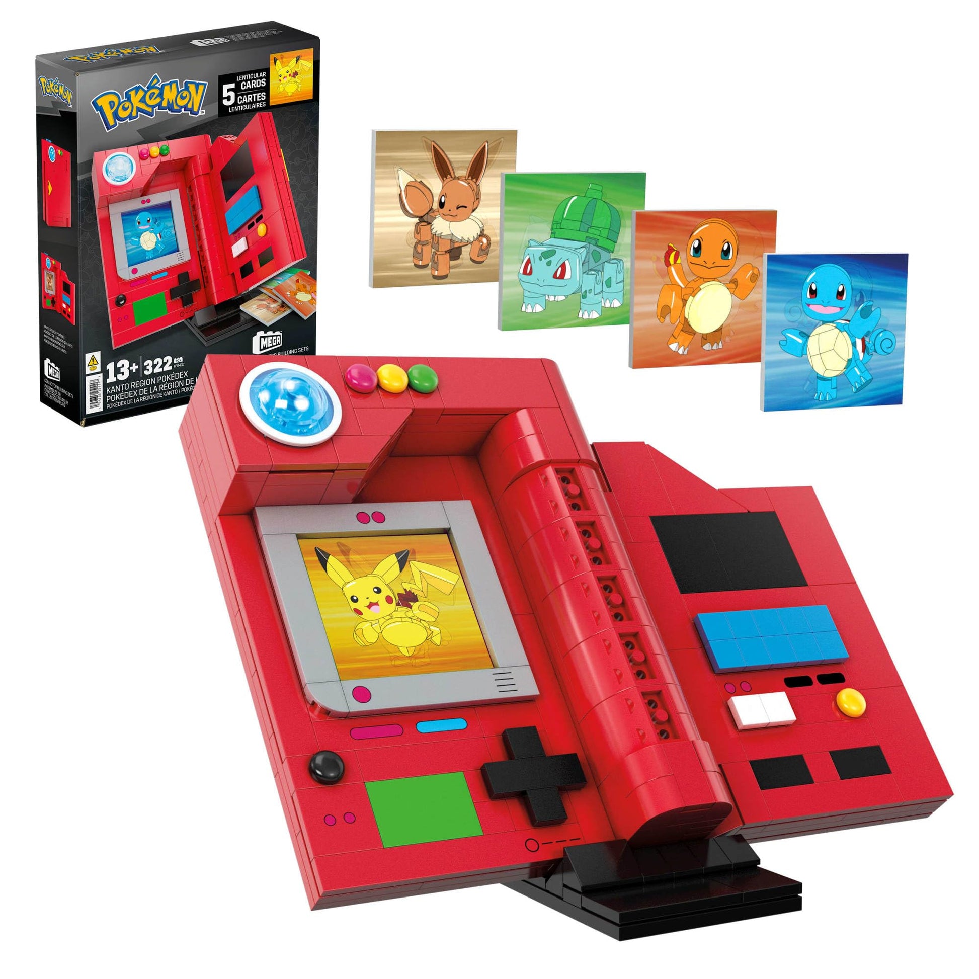 MEGA Pokémon Kanto Region Pokédex building set with 322 pieces, light feature, and 5 lenticular cards for collectors.