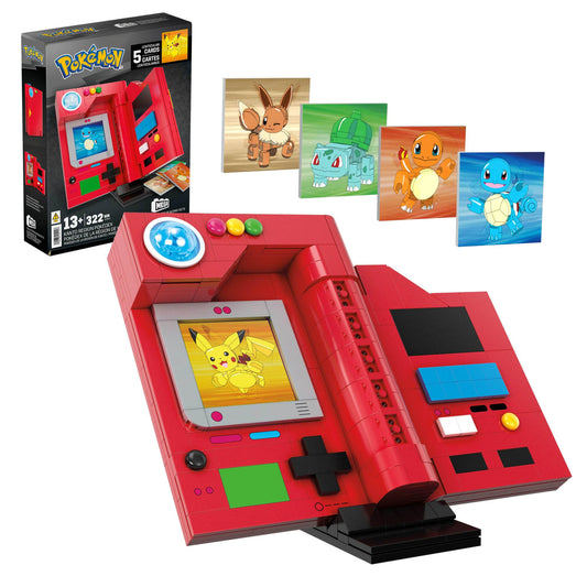 MEGA Pokémon Kanto Region Pokédex building set with 322 pieces, light feature, and 5 lenticular cards for collectors.