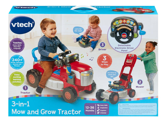 VTech 3-in-1 Mow and Grow Tractor, Ride-On Tractor, Push-Along Mower, Includes Driver Panel, Imaginative Play, Sound Effects, Interactive Play Suitable for Ages 12, 18, 24 Months, English Version