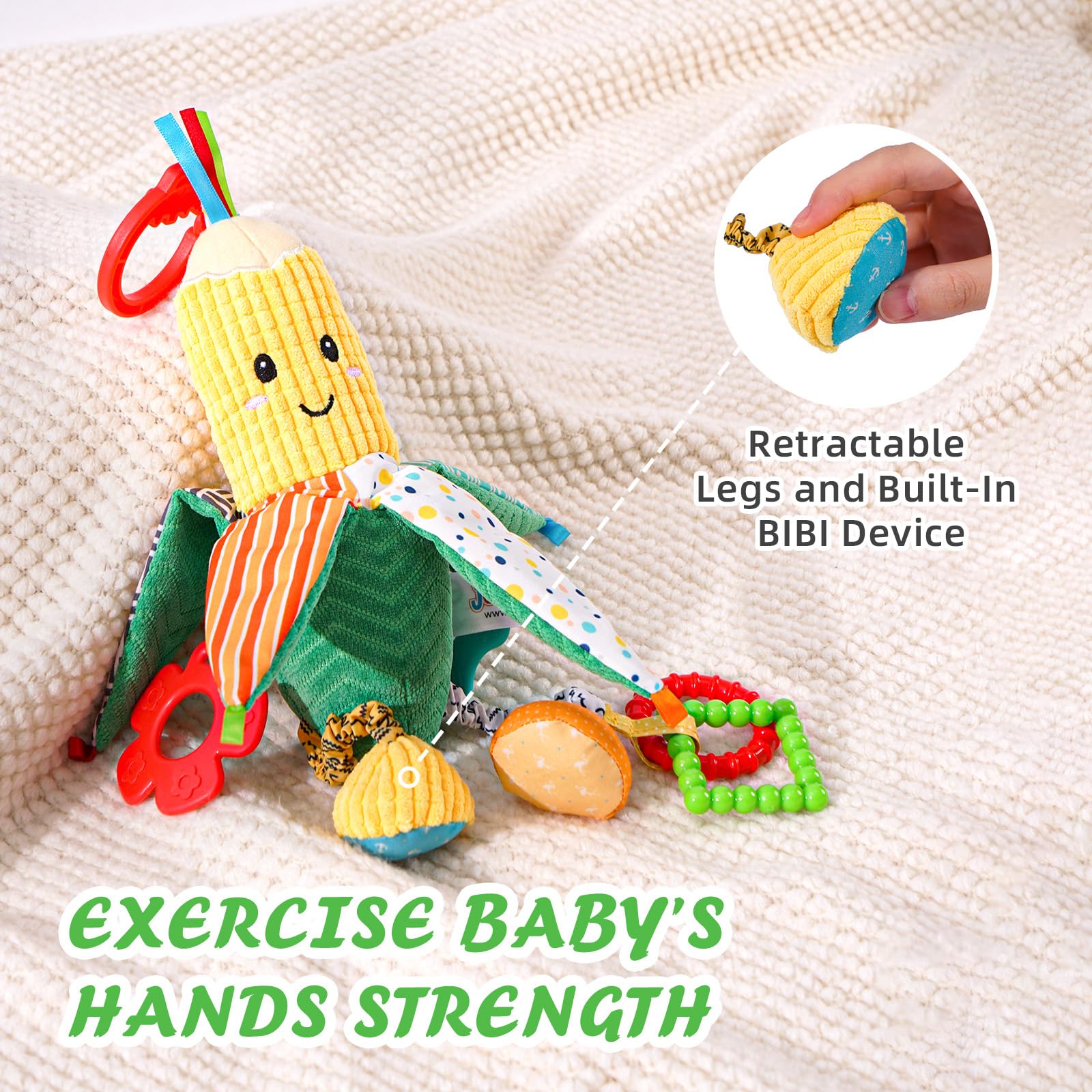 Jollybaby baby rattles hanging toys with crinkle and teether, suitable for pram, car seat, cot, and stroller for 0-12 months.