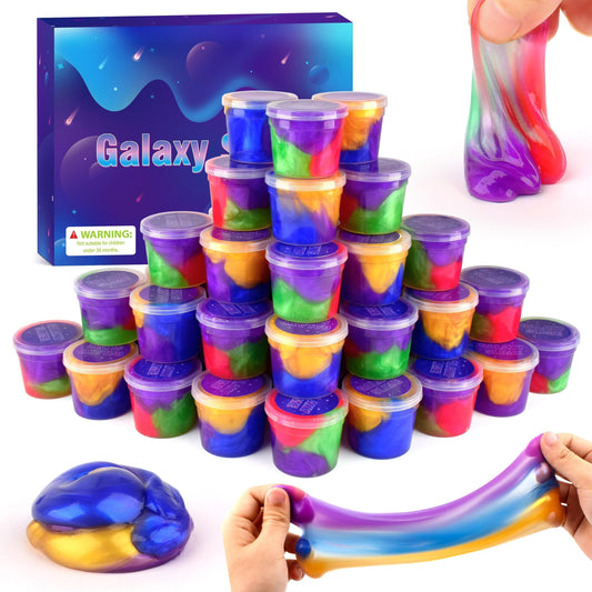 Colorful galaxy slime packs from Kaoerdce, fluffy, stretchy, non-sticky slime for kids, sensory play, stress relief, and party favors.