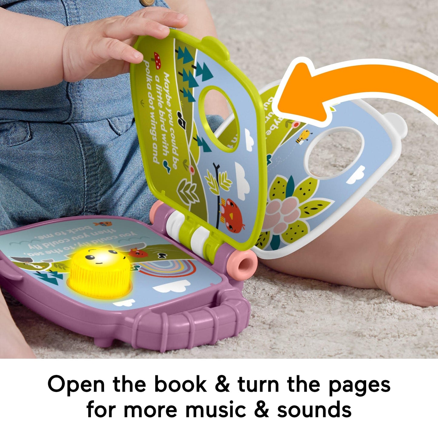 Fisher-Price baby toy purple monkey musical storybook with lights and sounds for infants and toddlers, age 6 months and up.