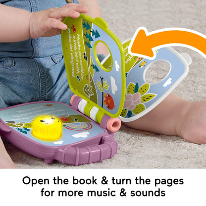 Fisher-Price baby toy purple monkey musical storybook with lights and sounds for infants and toddlers, age 6 months and up.