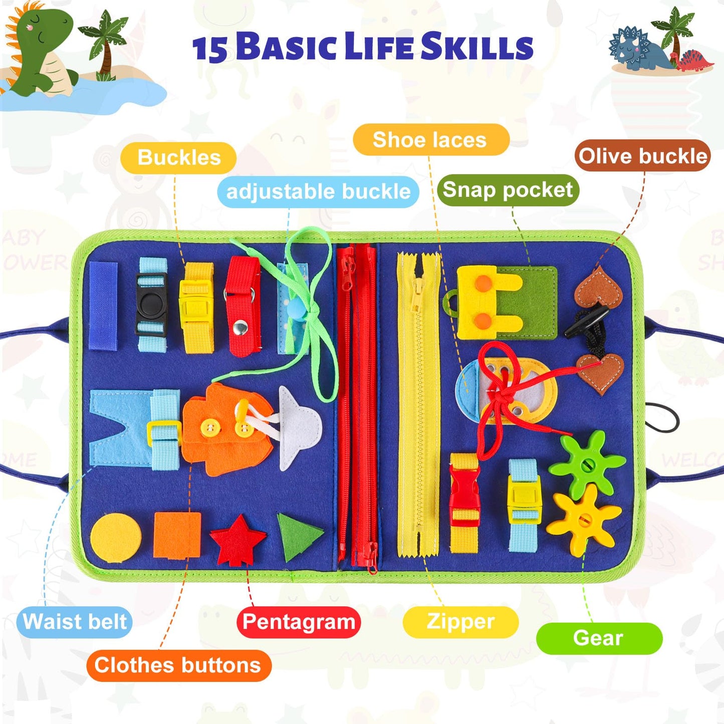 Lanjue Busy Board Sensory Toys for Babies, 22 in 1 Toddlers Activity Educational Learning Fine Motor Skills Preschool Montessori Toddler Travel 1+ Year Old Girls Boys (Dinosaur), Medium (LM-0756)