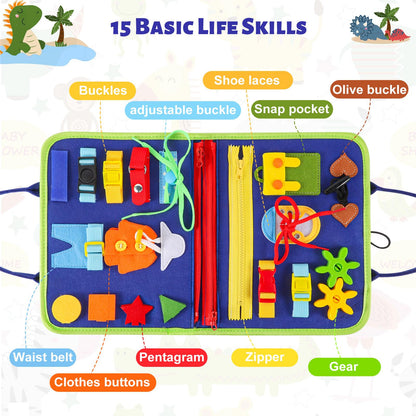 Lanjue Busy Board Sensory Toys for Babies, 22 in 1 Toddlers Activity Educational Learning Fine Motor Skills Preschool Montessori Toddler Travel 1+ Year Old Girls Boys (Dinosaur), Medium (LM-0756)
