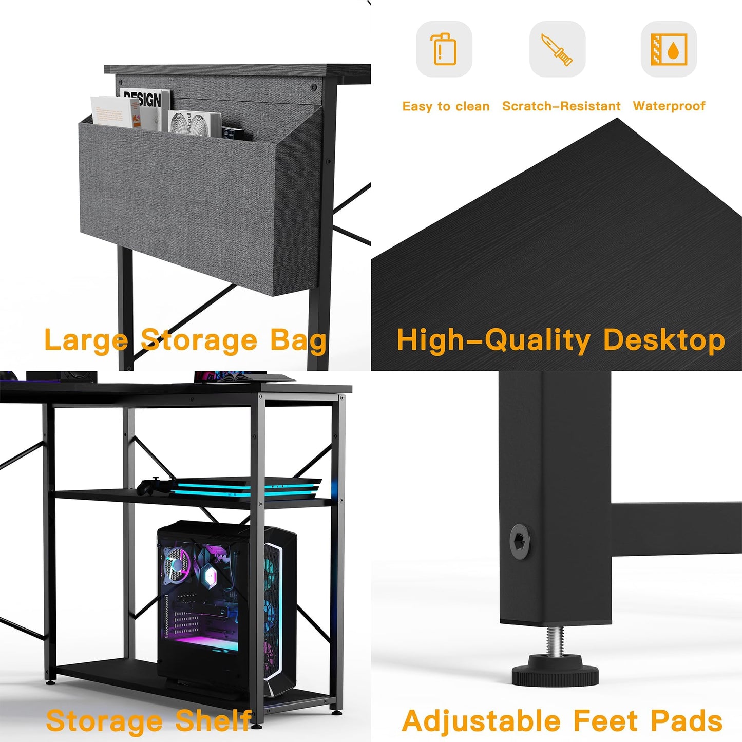 BEXEVUE L-shaped gaming desk in black with large reversible storage shelves and a 100x70 cm surface for gaming or office work