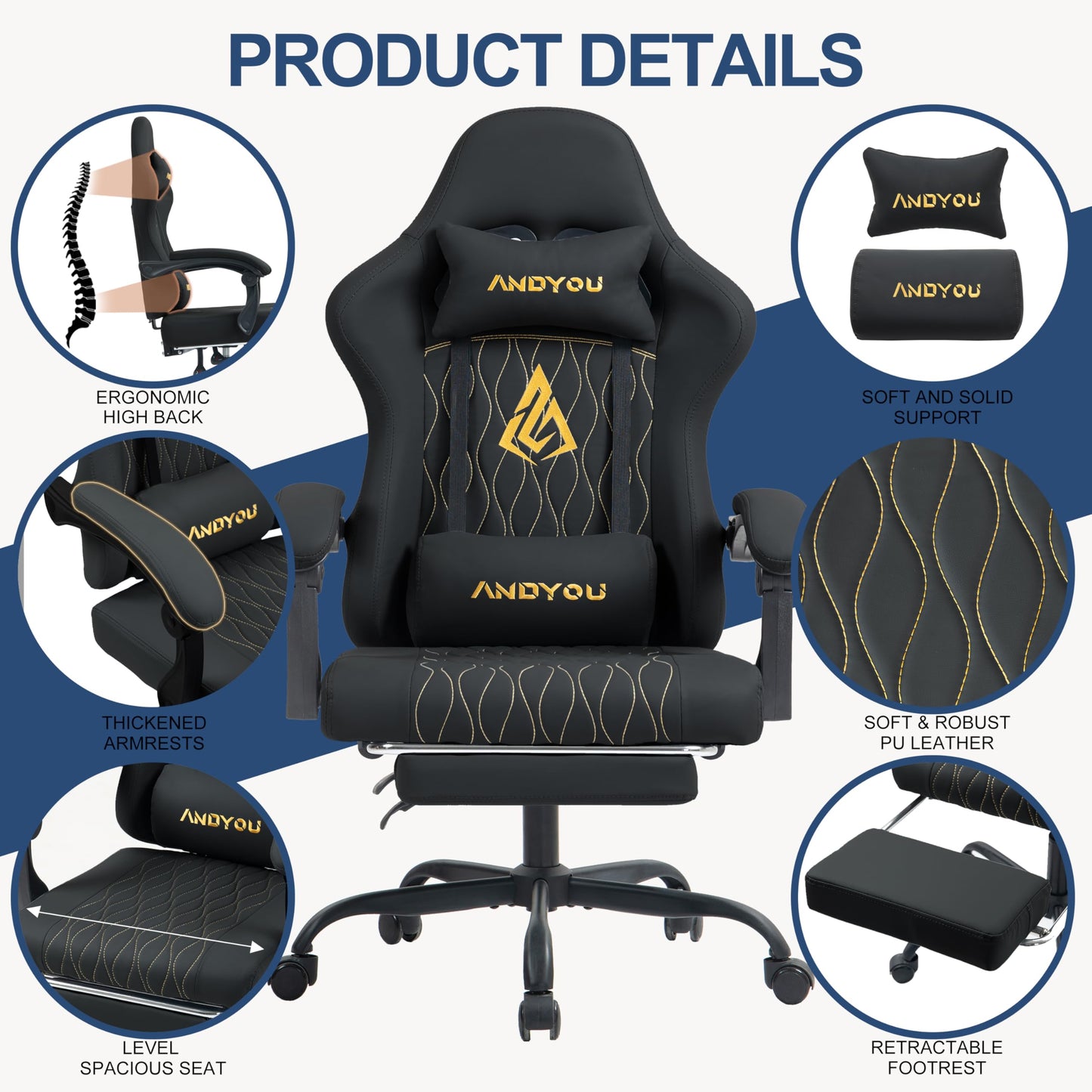Andyou gaming chair with footrest, ergonomic design, adjustable swivel, lumbar support, PU leather, suitable for adults.