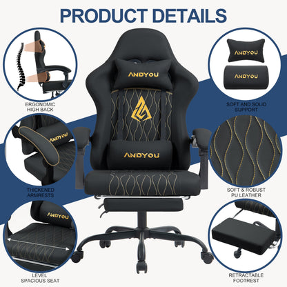 Andyou gaming chair with footrest, ergonomic design, adjustable swivel, lumbar support, PU leather, suitable for adults.